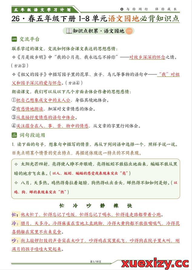 【核心背诵】2026春人教版五年级下册语文1-8单元语文园地必背知识点汇总
